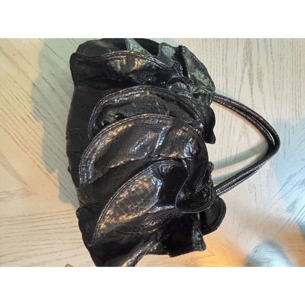 Sondra Roberts Black Faux Snakeskin Ruffle Hobo Bag Patent Tiered Petal Shoulder